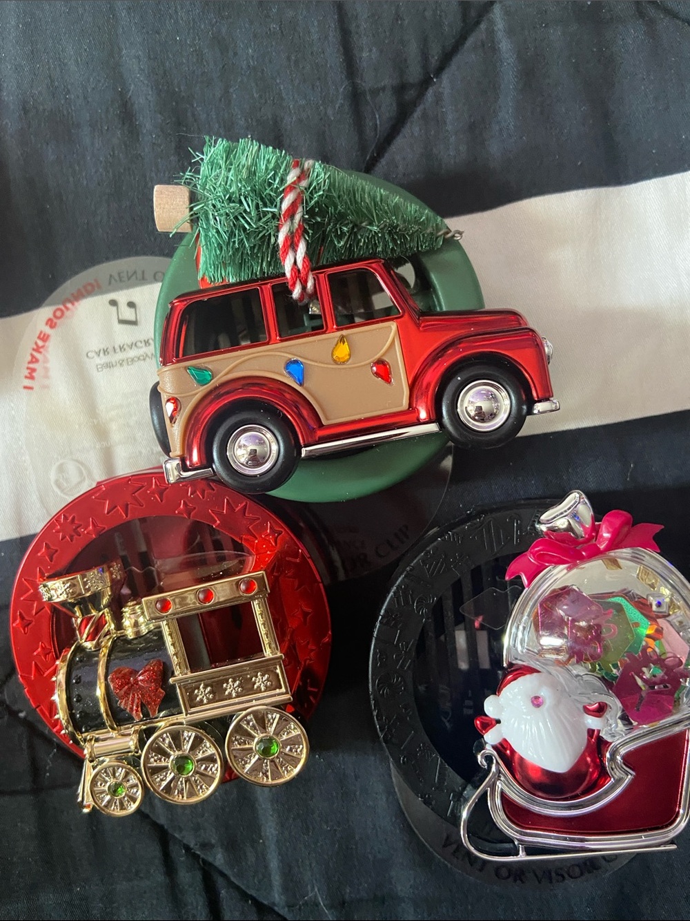 Holiday Red and Green Car Ornament with Tree car fragrance vent or visor